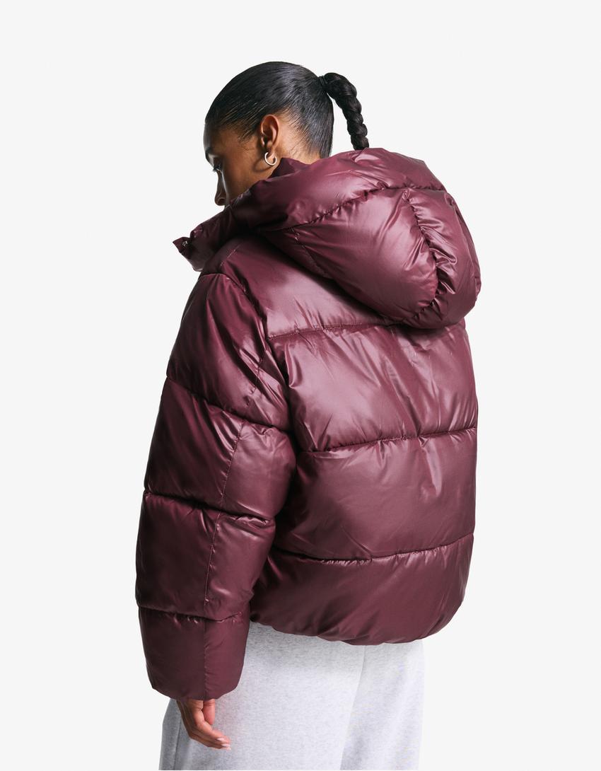Puffer jacket with hood-Burgundy-1