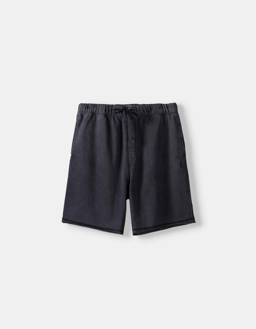 Calções bermuda felpa efeito lavado-Preto-4