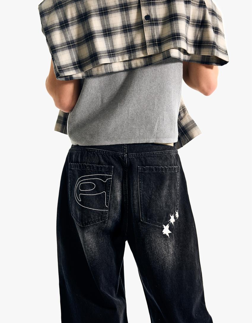 Jeans barrel fit brodé-Noir