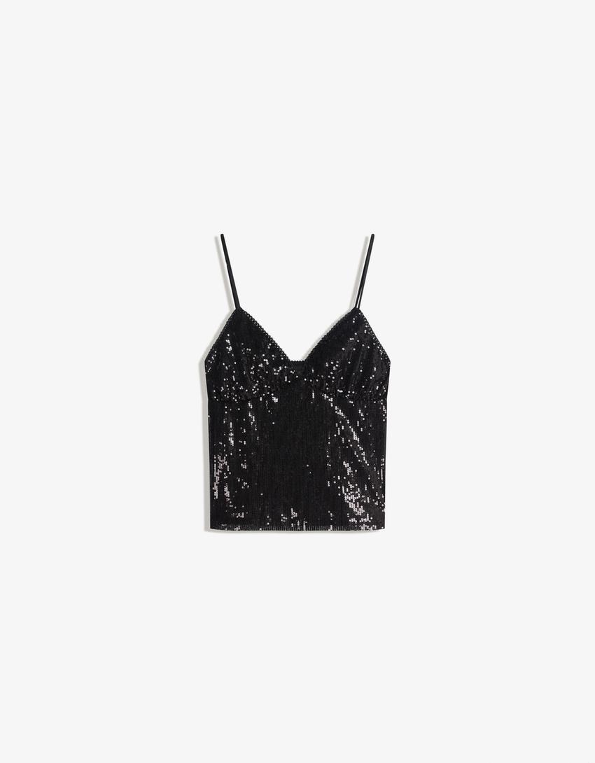 Strappy sequin top-Black