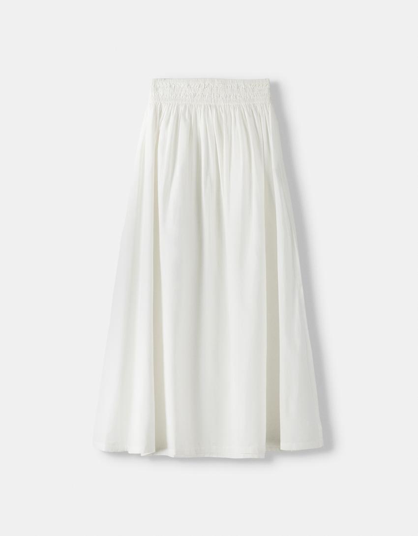 تنورة بوبلين متوسطة الطول بخصر مرن-كريمي-5