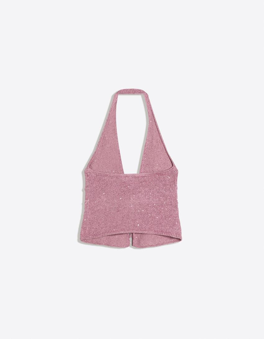 Top encolure américaine à paillettes-Rose