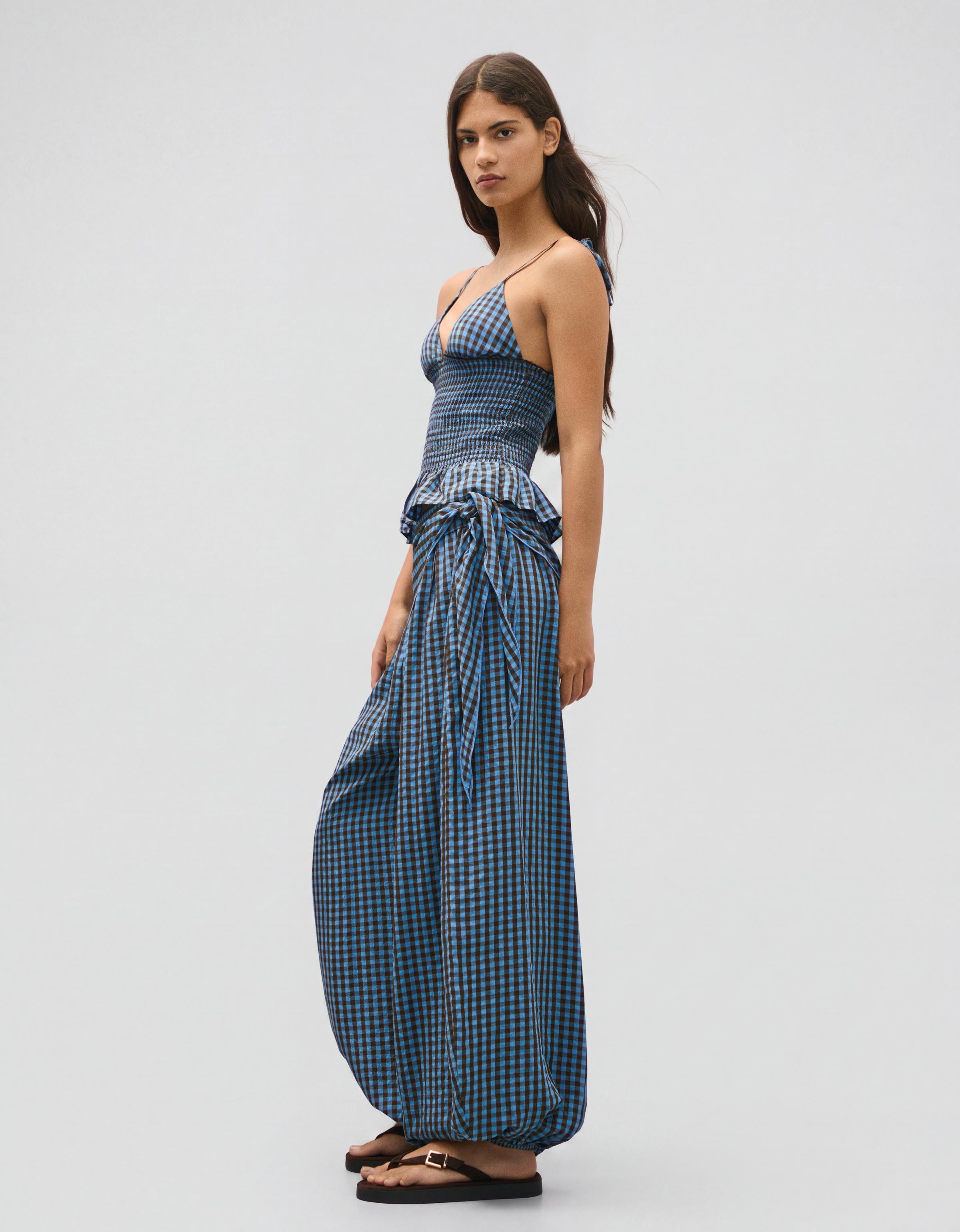 Smocked check strappy top — Blue