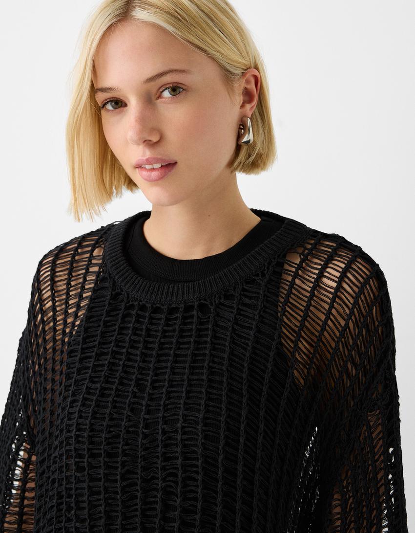 T-shirt manches courtes texture ajours-Noir-7