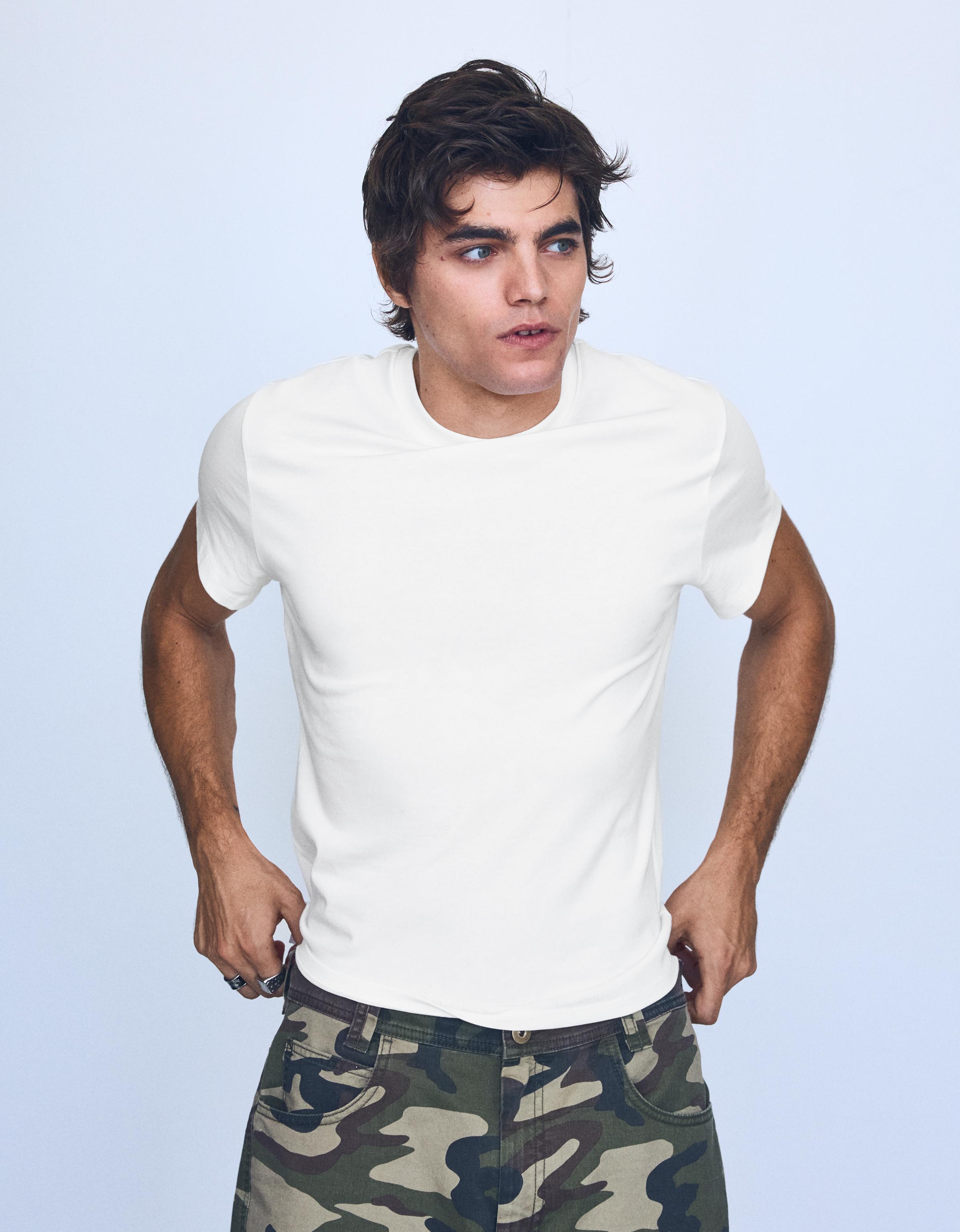 Bershka Camiseta Manga Corta Hombre Blanco Roto