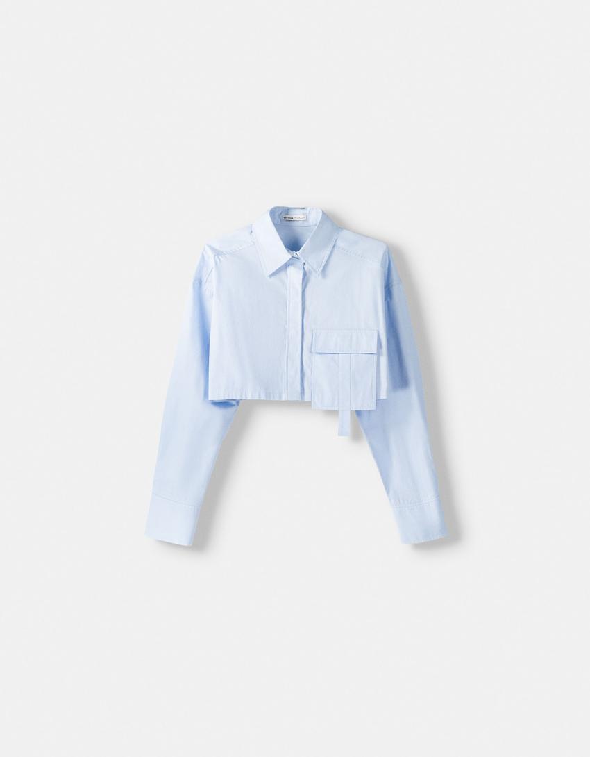 Long sleeve cropped poplin shirt with straps-Light blue
