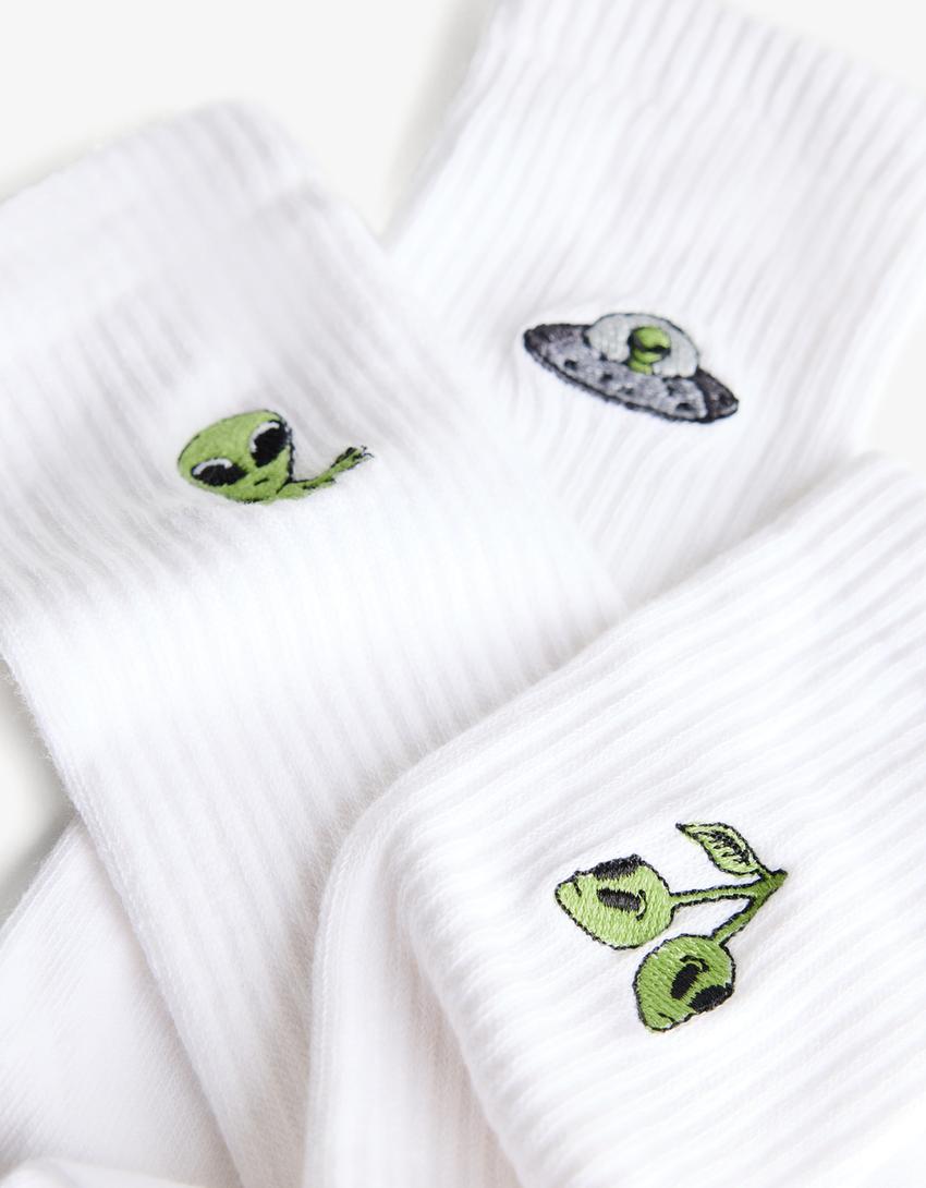 Pack of 3 pairs of embroidered socks-White