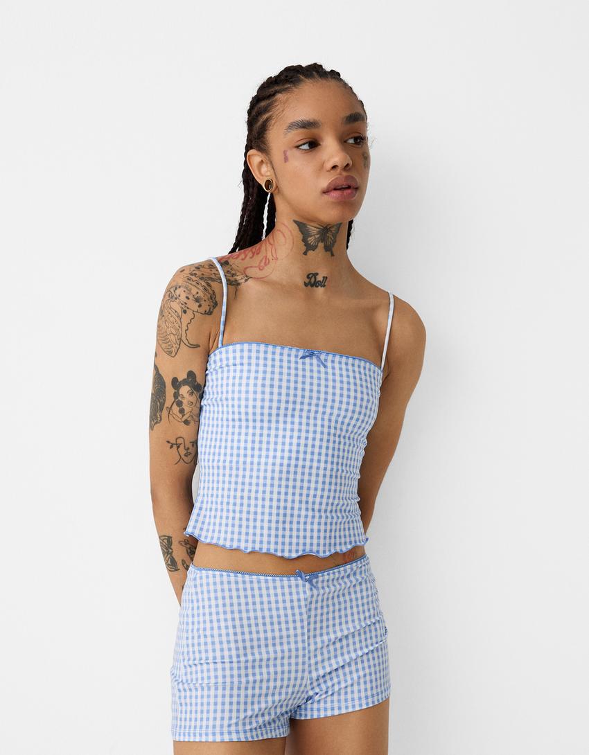 Short à carreaux-Bleu clair-1