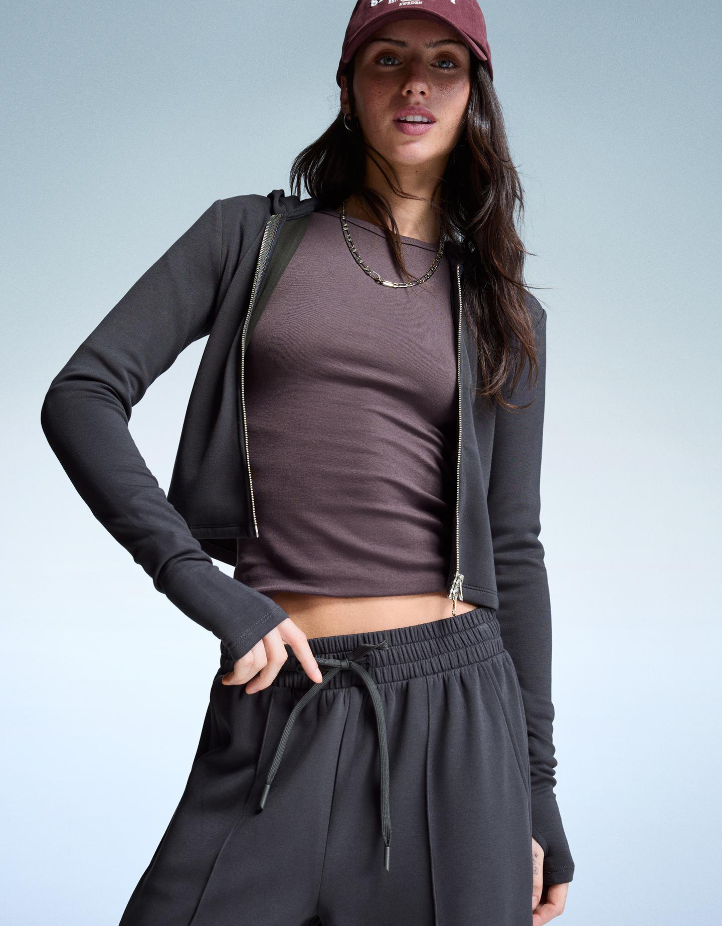 Bershka bluza soft modalowa z suwakiem i kapturem szary