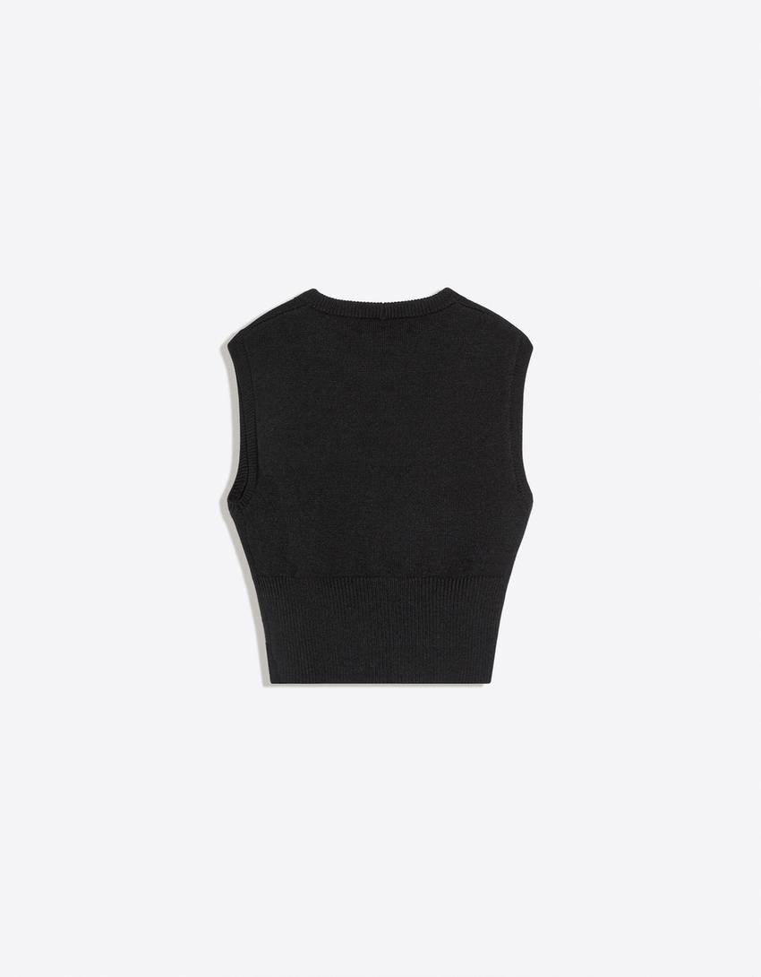 Round neck knit vest-Black