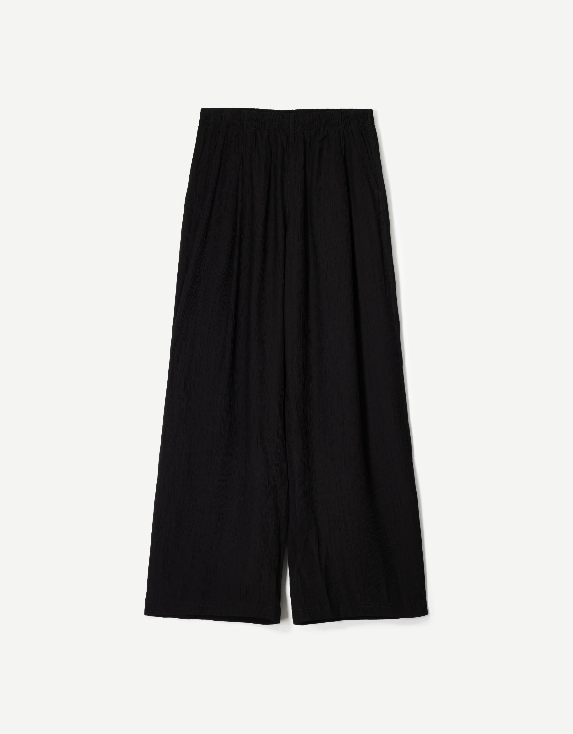 Flowing wide-leg textured trousers with drawstring — Black