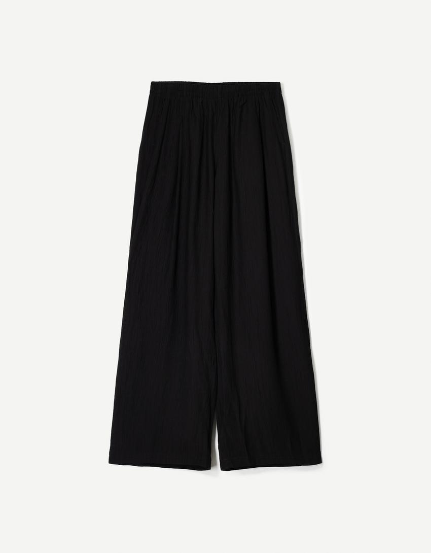 Pantalon wide leg fluide texturé cordon-Noir