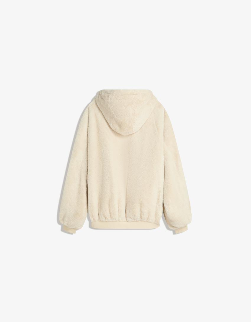 Hooded faux fur jacket-Cream