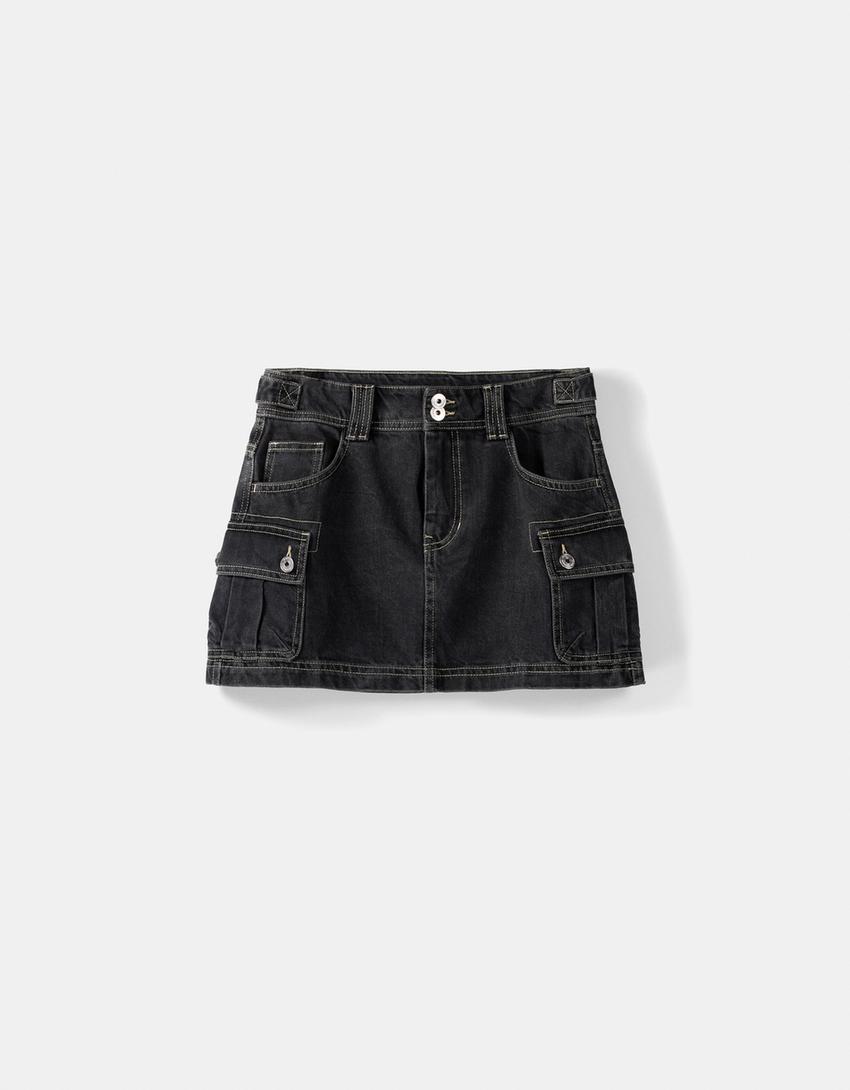 Denim mini cargo skirt-Black