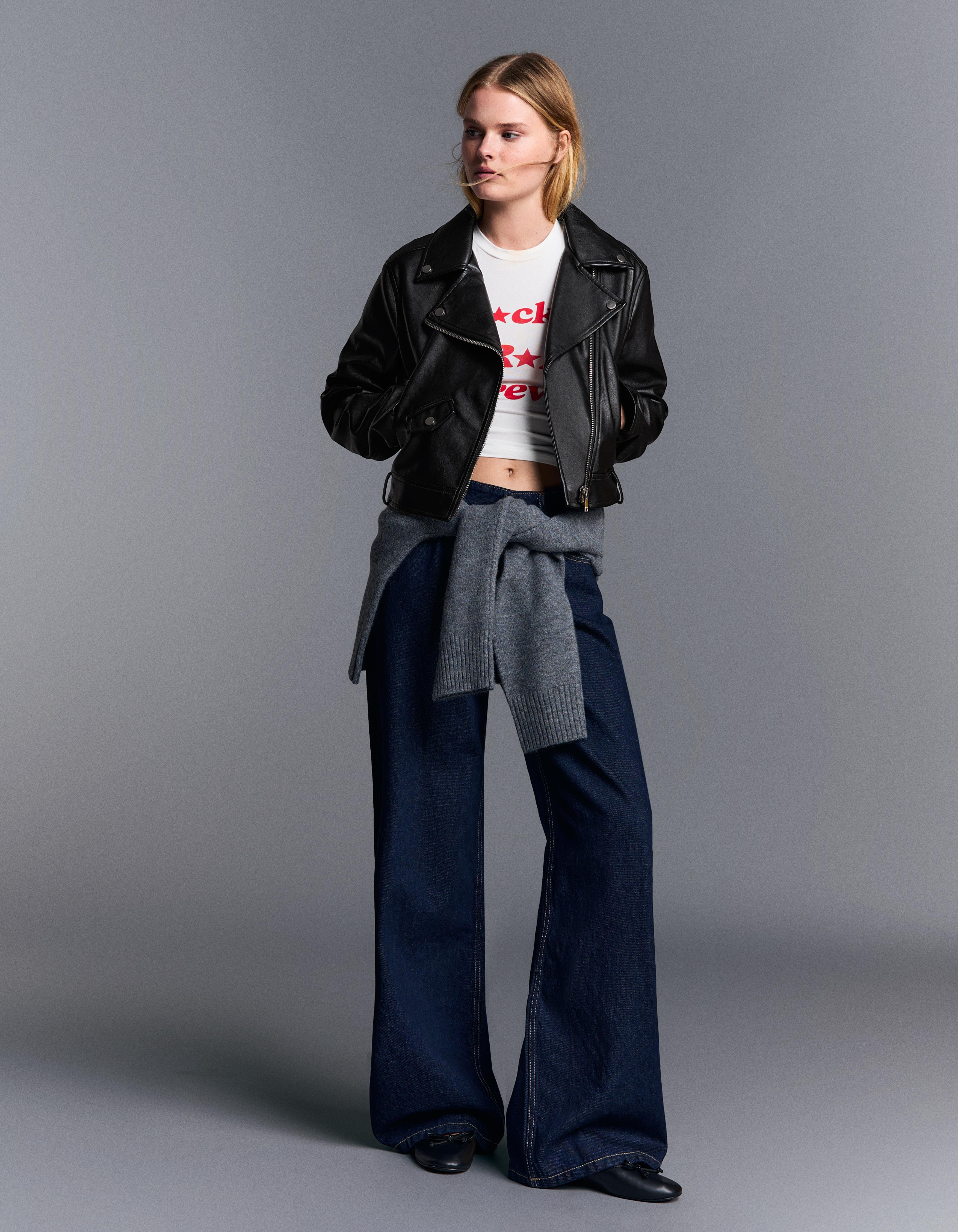 Bershka Cazadora Biker Efecto Piel Mujer L Negro