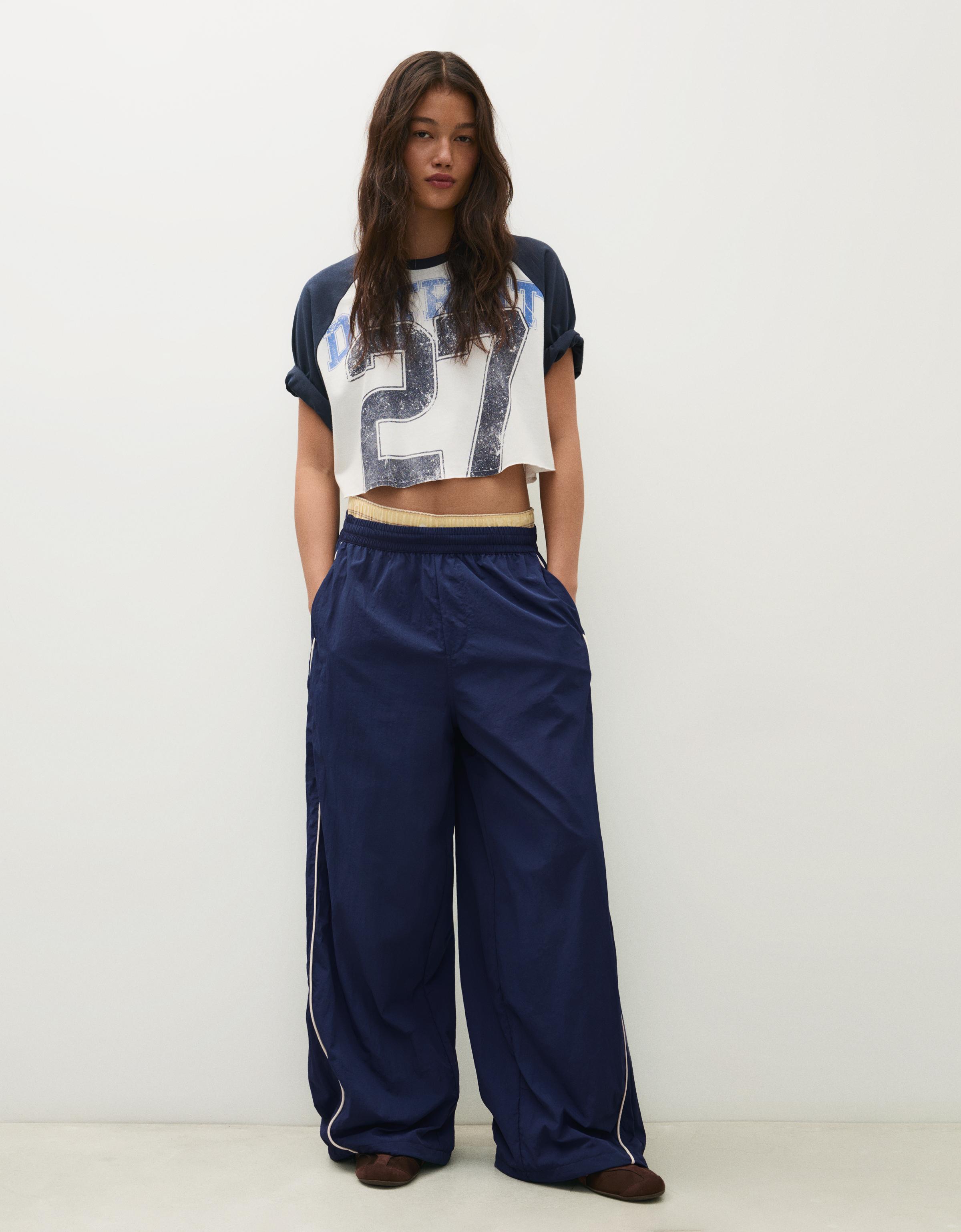 Bershka Pantalón Parachute Técnico Mujer L Marino