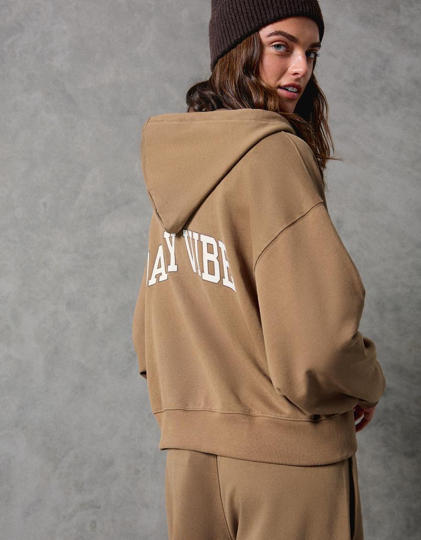 Hanorac fermoar glugă broderie-Camel