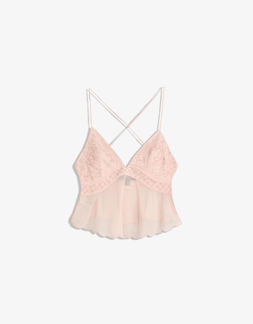 Embroidered strappy crop top-Pink