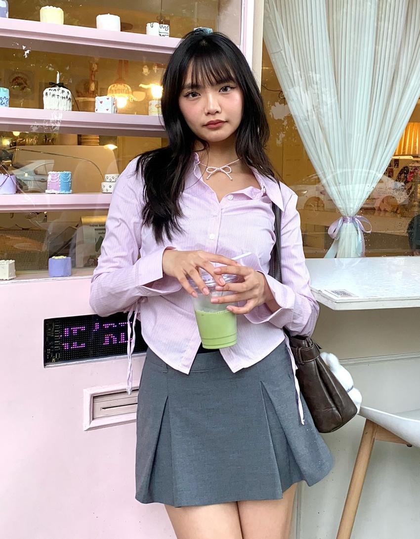 Fitted shirt with gathered side-Pink