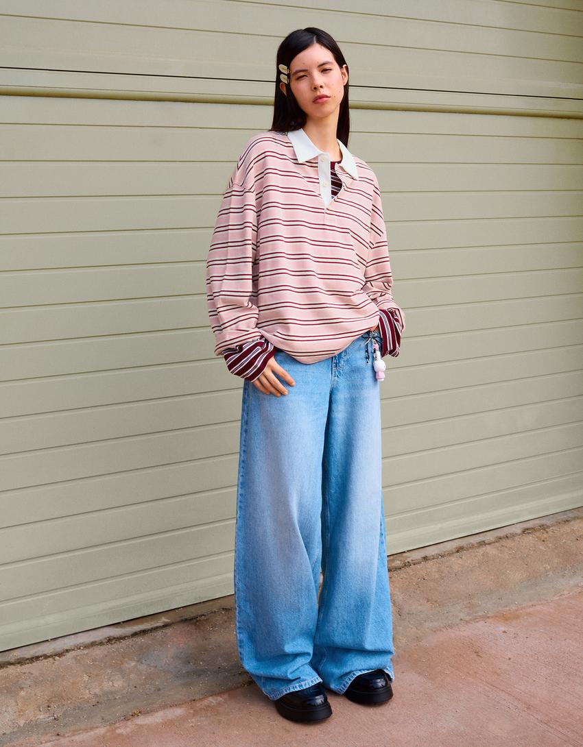 Long sleeve polo collar T-shirt-Pink