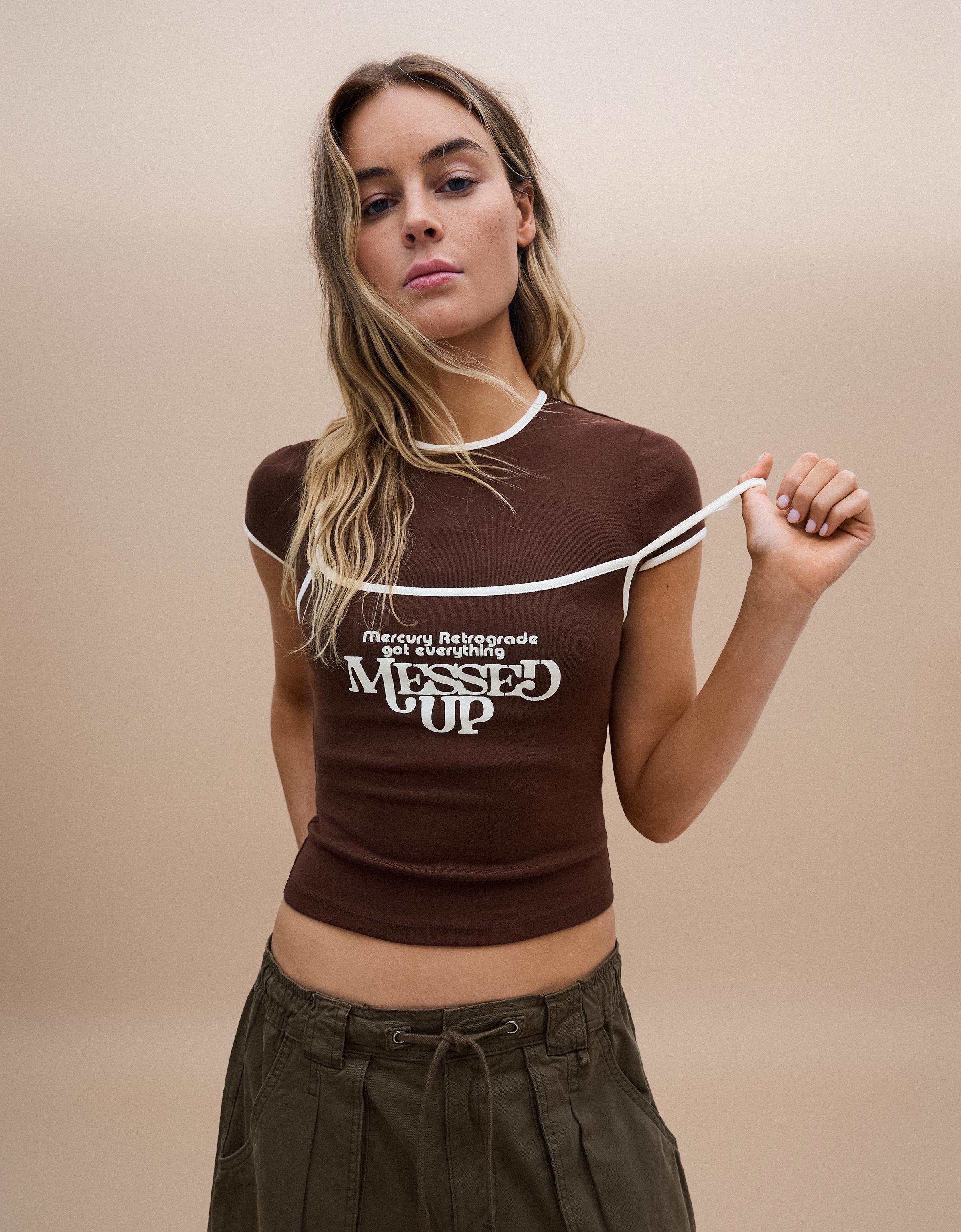 Double short sleeve T-shirt with contrast print — Brown