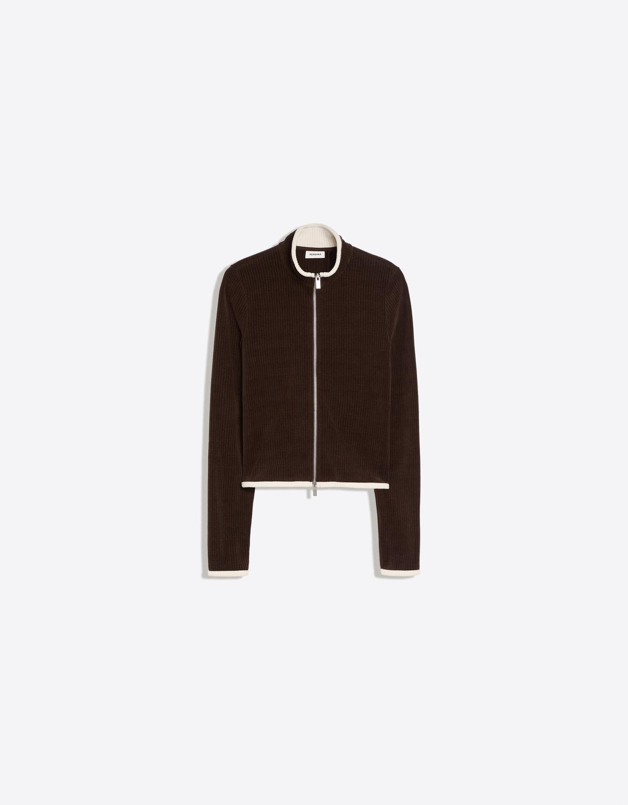 Ribbed zip-up mock neck jacket — Brown