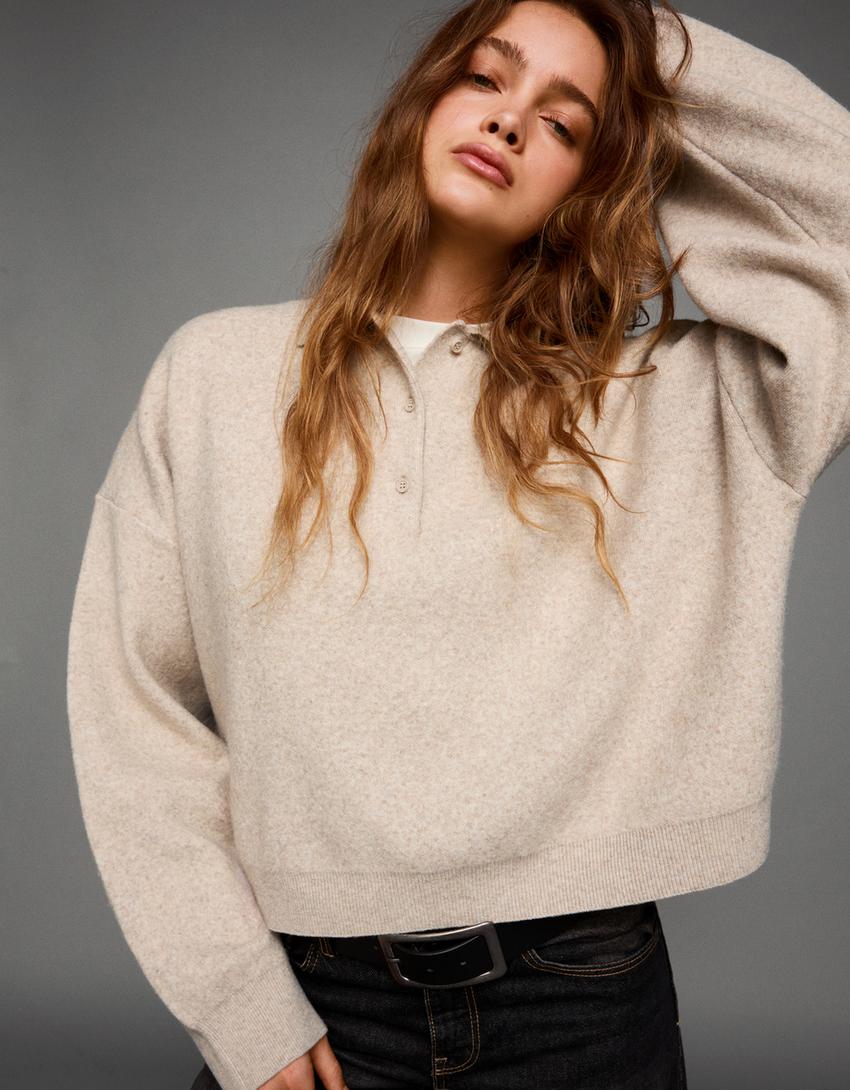 Boxy polo collar jumper-Camel