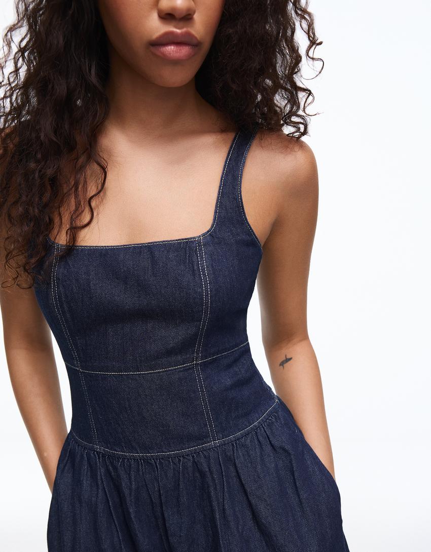 Maxi denim strappy dress-Navy