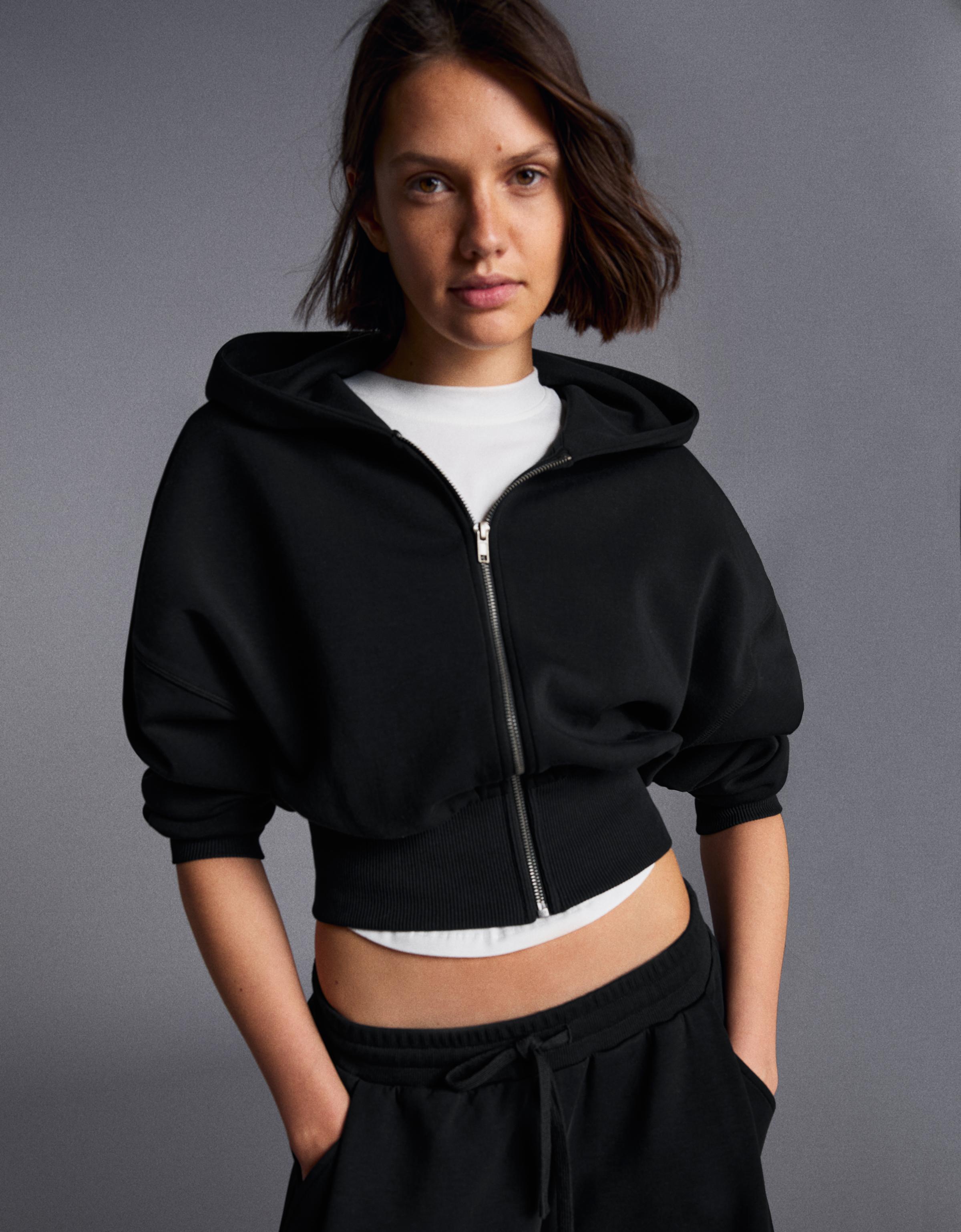 Bershka Sudadera Capucha Cremallera Fajín Mujer Negro