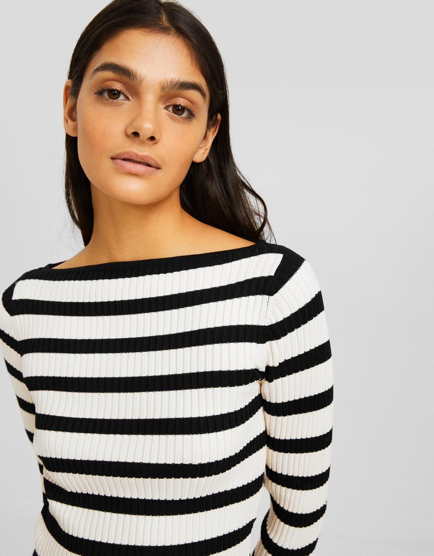 Ribbed boat neck sweater-Black-1