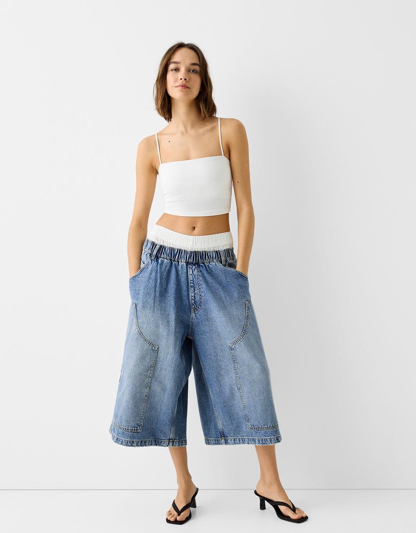 Calções bermuda jort denim baggy cintura contraste-Azul lavado-4