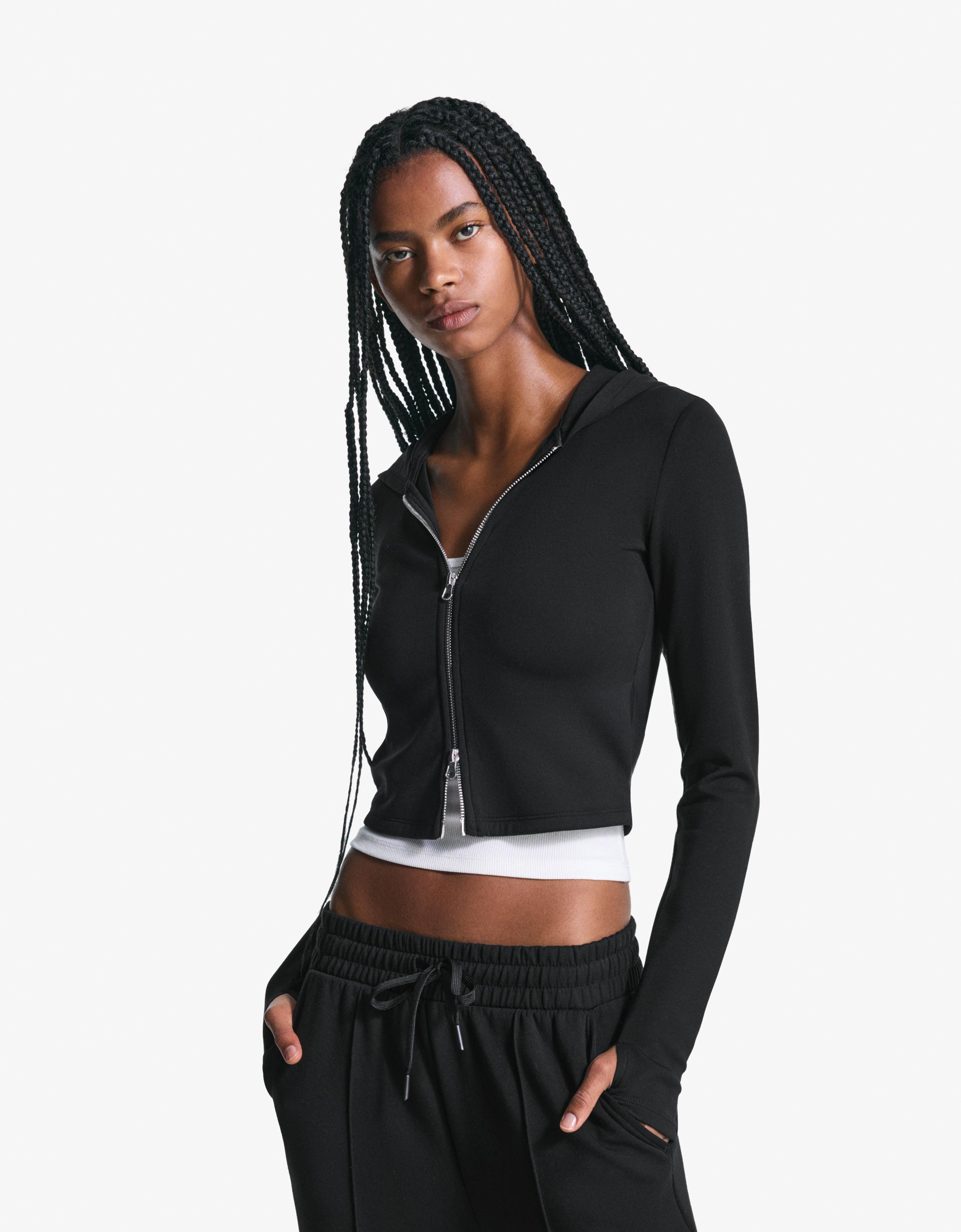 Bershka Hoodie Mit Reißverschluss Aus Weichem Modal Damen Xs Schwarz
