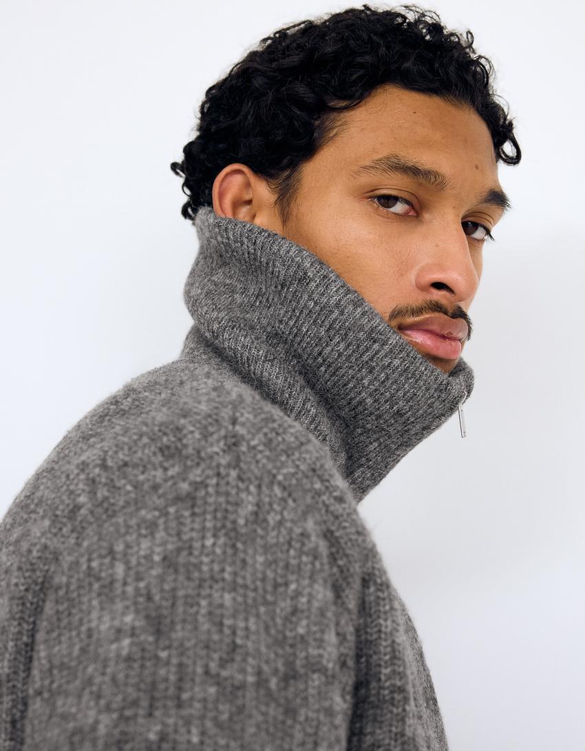 Camisola com gola com fecho de zip-Cinza