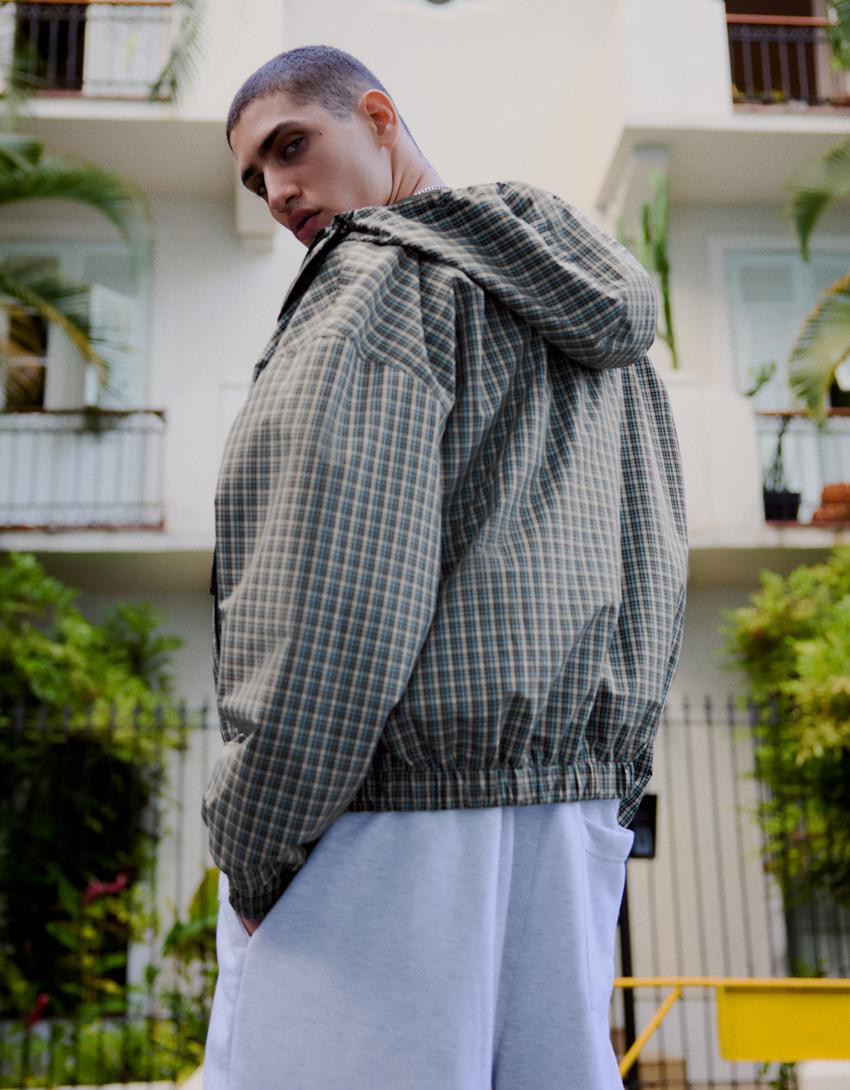 Oversize kareli teknik ceket-Açık mavi