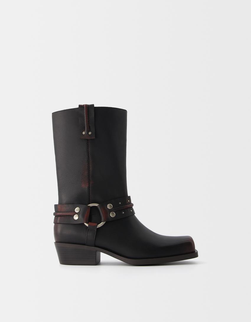 Flat LEATHER Biker Boots - Women | Bershka