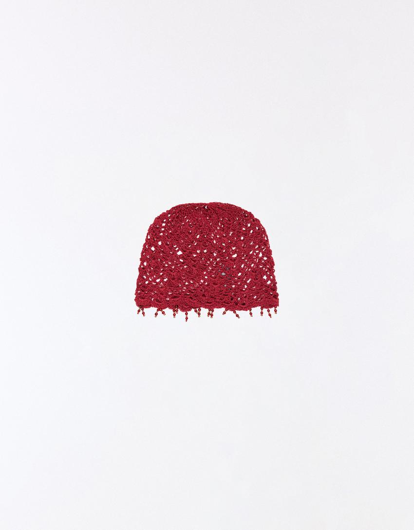 Beanie aus Strick mit Perlenbesatz-Granatrot