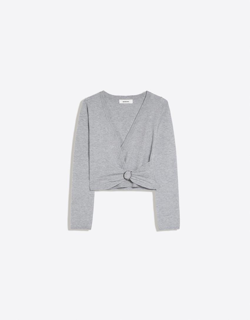 Buckle V-neck sweater-Grey