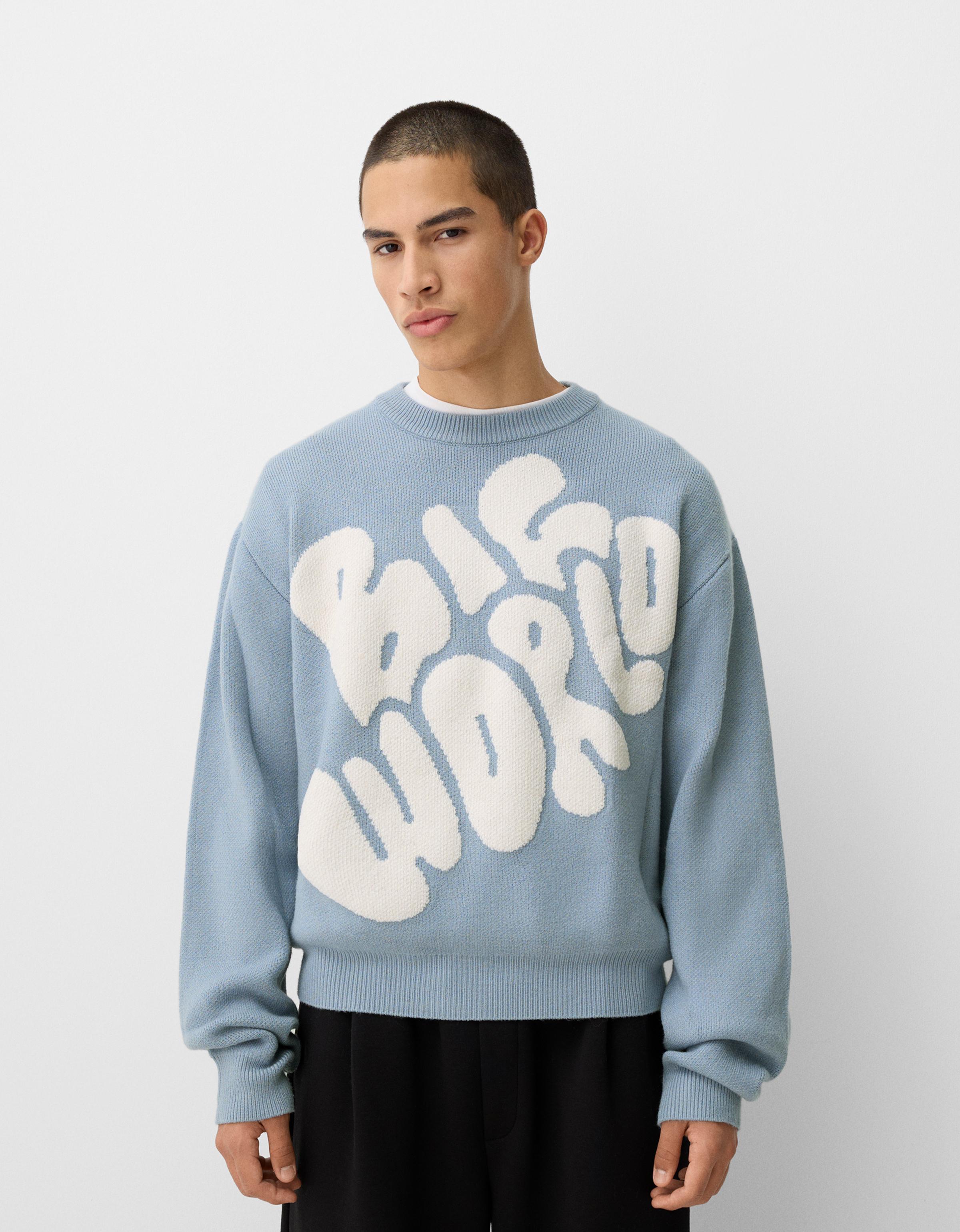 Bershka Chenille-Pullover Mit Print Herren S Blau