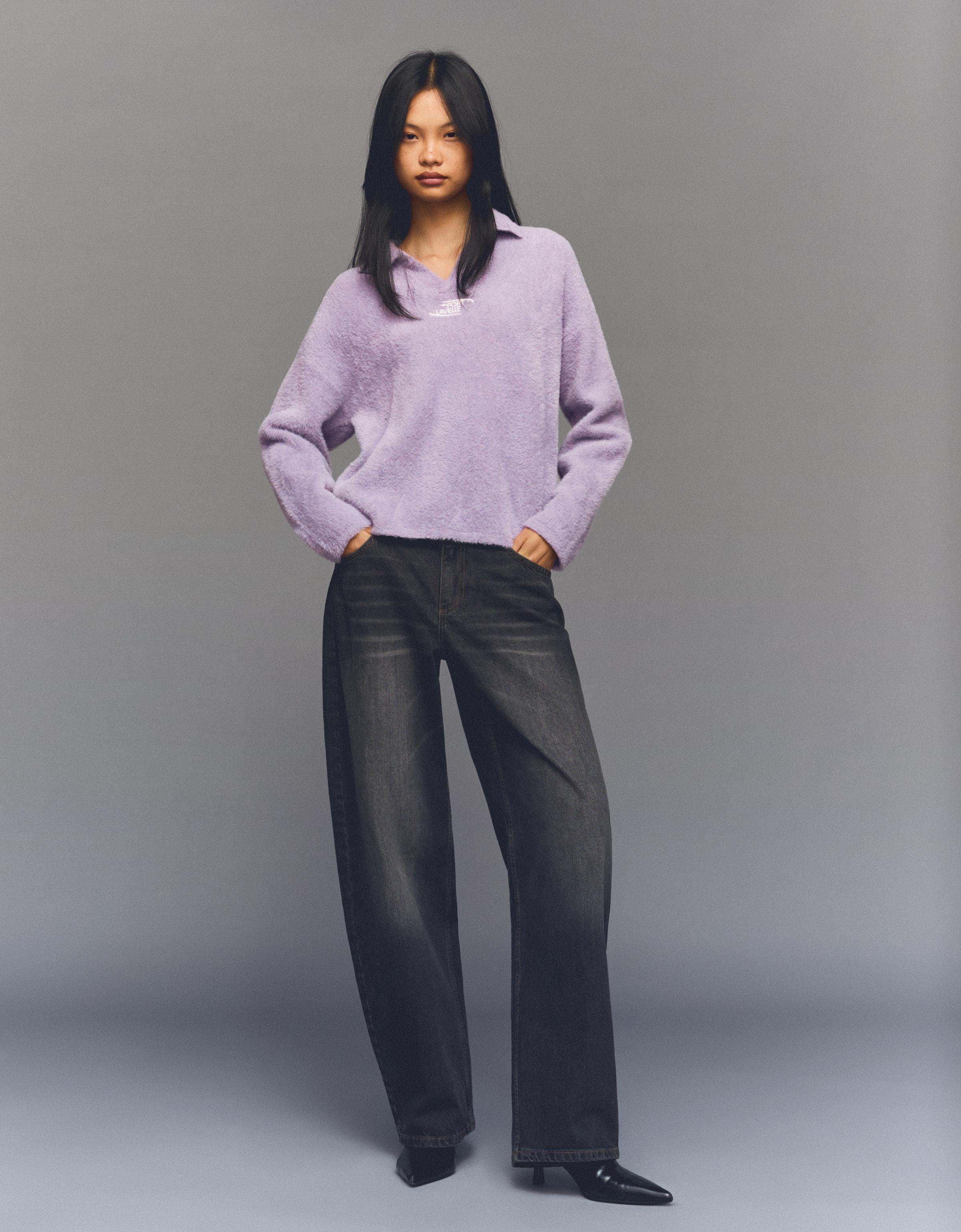 Bershka Pullover Mit Polo-Kragen Damen M-L Violett