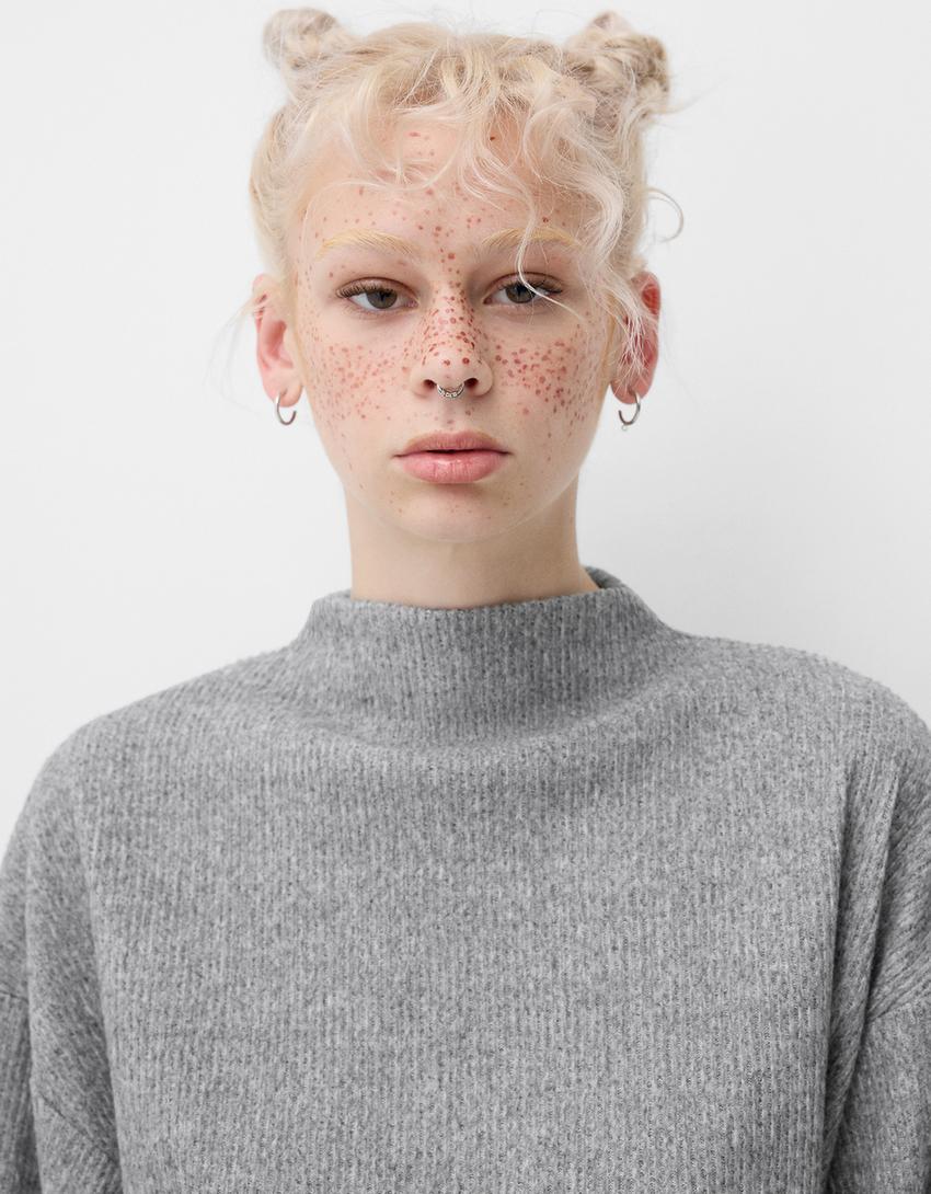 Pull col montant bord-côte soft touch-Gris-4