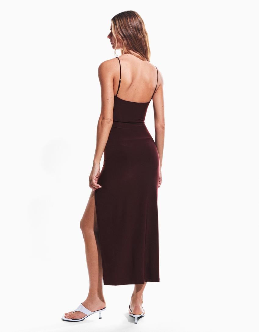 Vestido midi tirantes fruncido-Burdeos