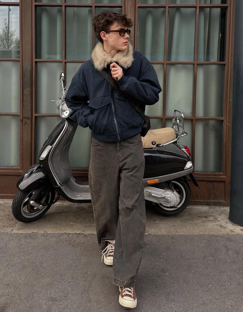 Jacket with faux fur collar-Navy