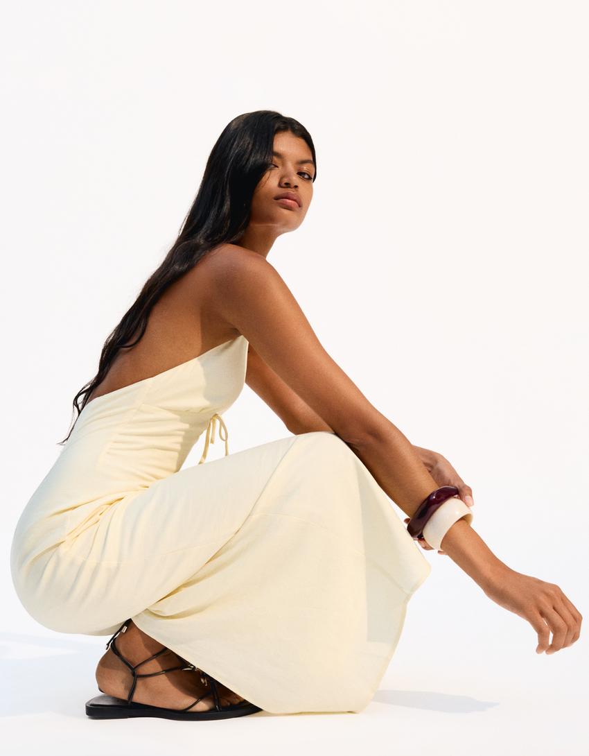 Halter midi-jurk van linnenmix met strik-Geel