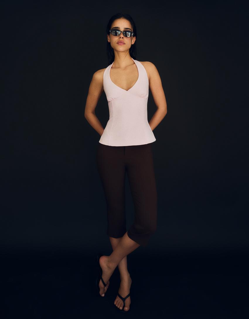 Strukturalny top halter z kokardami-Różowy
