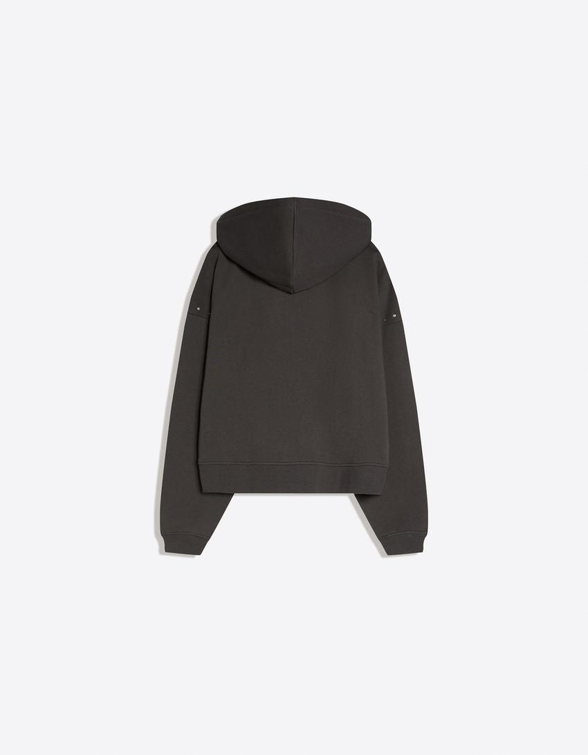 Fermuarlı kapüşonlu zımbalı sweatshirt-Koyu gri