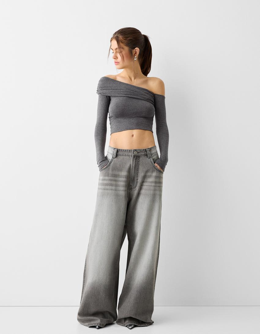 Long sleeve asymmetric T-shirt-Grey-3