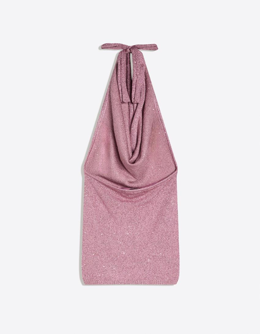 Vestido mini cuello halter lentejuelas-Rosa