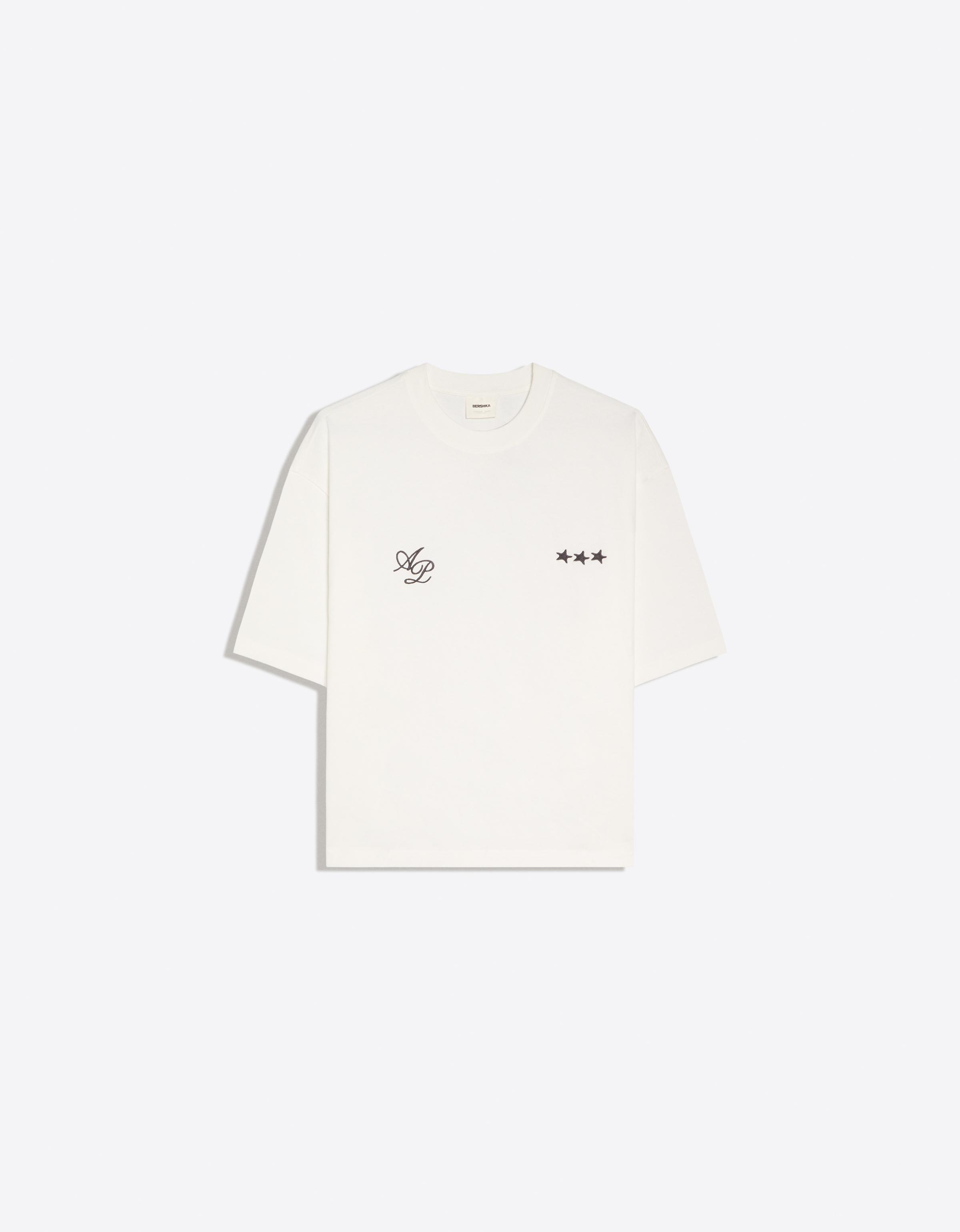 Bershka Camiseta Boxy Bordado Hombre Blanco Roto