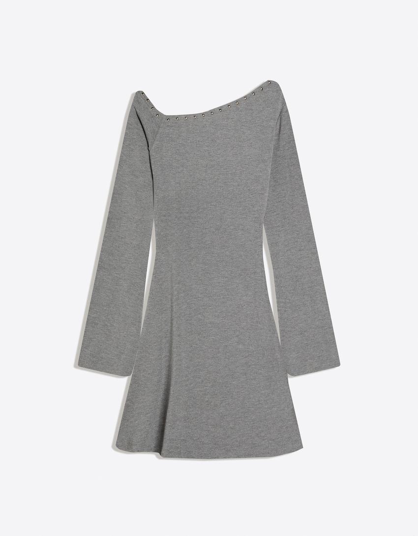 Vestito mini asimmetrico con borchie-Grigio