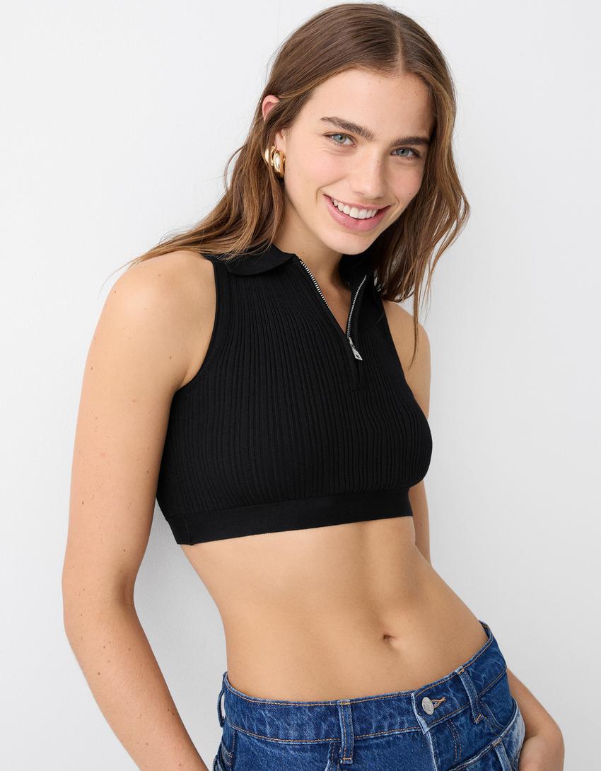 توب بدون أكمام وبسحّاب وياقة بولو-أسود-2